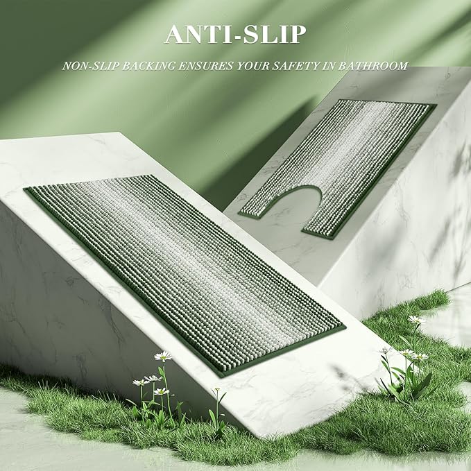 BSICPRO Bathroom Rugs Sets 3 Piece, Toilet Rugs U-Shaped Contour Bath Mat Set, Large Striped Non Slip Absorbent Chenille Shower Mat, Hunter Green