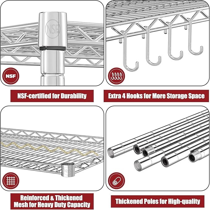 PrimeZone 4 Tier 55.5" Wx24 Dx76 H Wire Shelving with Wheels 2400lbs NSF Certified Storage Shelves Heavy Duty Metal Shelf Adjustable Rolling Rack Commercial Garage Restaurant Warehouse Kitchen 6Pack