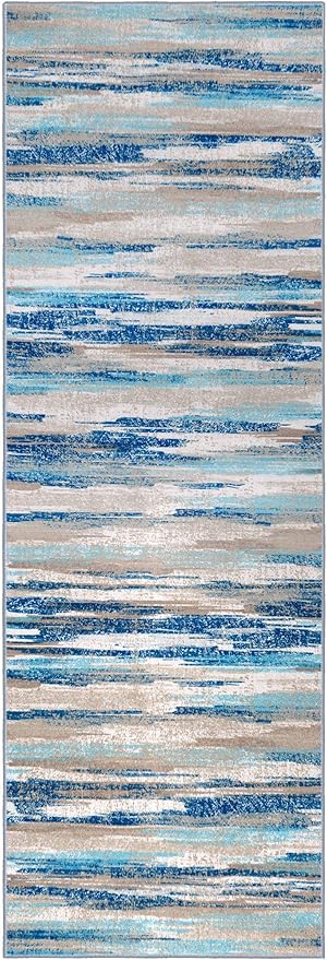 Modern Abstract Runner Rug 2.6x12, Blue Washable Long Kitchen Runner Non-Slip Soft Hallway Rug Runner Thin Print Faux Wool Carpet for Entryway Bedroom Laundry Room Indoor Home Decor