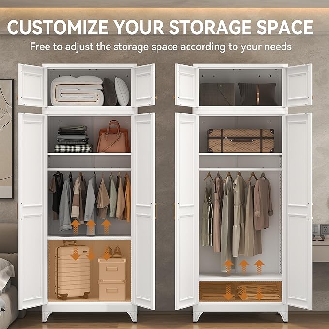 Metal Armoire Closet, 86 Inch Tall Wardrobe Armoire with Hanging Rod, Almirah for Clothes with Doors, 18" D x 32" W x 86" H, White, Assemble Required, Shipped in Two Packages