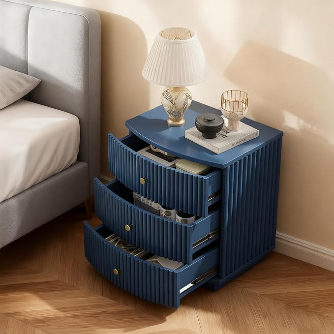 Grooved Wood End Table with 6 Drawers, Curved Edge Storage Side Table, Six Drawer Nightstand Compact Sofa Bedside Table for Bedroom, Living Room and Small Spaces, Blue X2