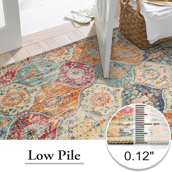 Lahome Moroccan Washable Area Rugs 8x10, 8x10 Rugs for Living Room Bedroom, Ultra-Thin Oriental Non-Slip Foldable Non Shedding Accent Large Carpet for Office Dining Room, Cream/Multi