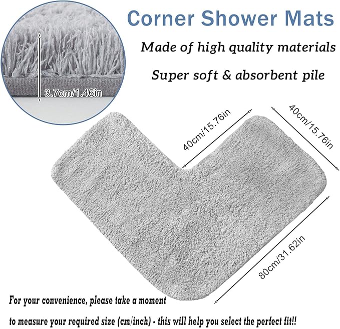Funvalley Surperfect Corner Shower Mat – Microfibre L-Shaped Bath Mat | Supersoft, Ultra Absorbent & Non-Slip | Fits Corner Showers – Inner Dimensions 80x80cm | Ideal for Bathroom Floors