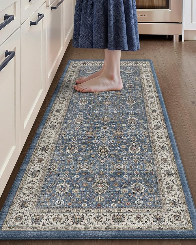 Color&Geometry Anti Fatigue Kitchen Mats for Floor 24x59, Vintage Decor, Easy Clean, Waterproof & Oil Proof, 0.4" Thick Cushioned, Non-Slip Kitchen Runner Rug for Sink, Laundry, Office, Blue