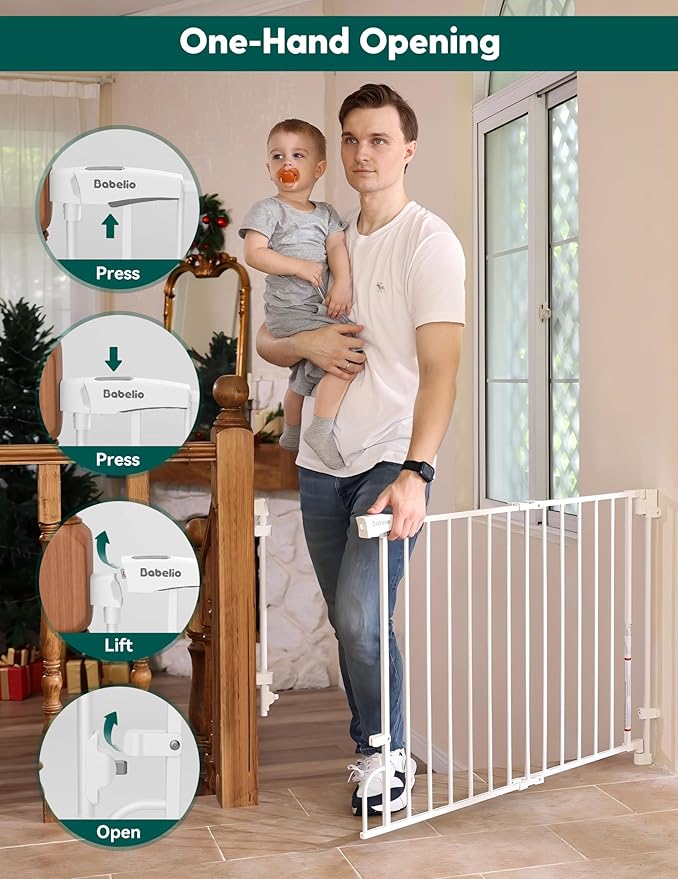 Babelio No Bottom Bar & Easy to Remove Baby Gate, 35.5-55" Extra Wide Hardware Mounted (Drill Needed)| Wide Walk-Thru| Auto-Close Safety Dog/Pet Gate for Stairs & Doorways (White, 35.5-55" W, 30" H)