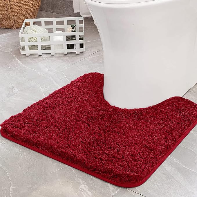 MIULEE Christmas Red Microfiber Toilet Bath Mat U-Shaped Contour Shaggy Bathroom Rugs Non Slip Extra Thick Soft Bath Rug Absorbent Water for Bathroom Commode Machine Washable(20x20 Inch)