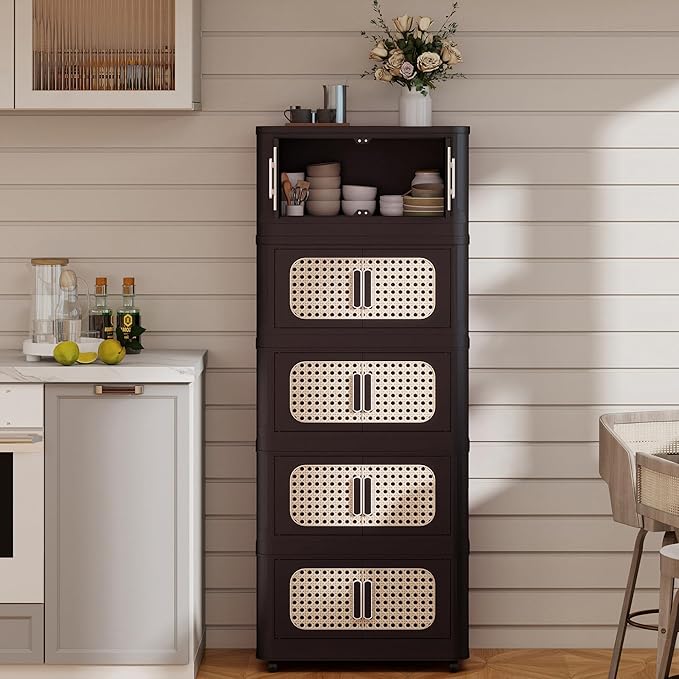 5 Tiers Folding Storage Cabinet,20" Side Wide Stackable Storage Bins with Doors and Wheels, Space Saving Plastic Cabinet for Living Room, Office, Dorm, Retro Brown