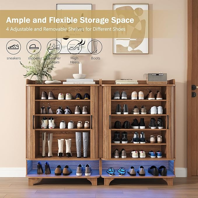 Maupvit 6-Tier Shoe Cabinet with Fluted Sliding Tambour Doors, Entryway Shoe Storage Cabinet with Led Light & Open Storage, 4 Adjustable Shelf, Shoes Rack Organizer for Entryway, Hallway, Living Room