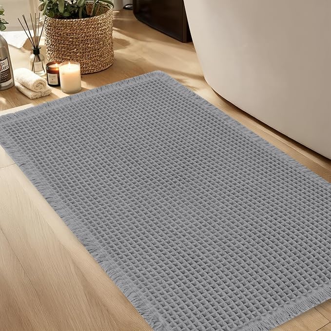 Hiasan Waffle Bath Mat, Super Absorbent Non Slip Bathroom Boho Rug with Tassels, Machine Washable Bath Mats for Bathroom, Ultra Soft Rubber Backed Rug, Grey, 24 x 60 Inches