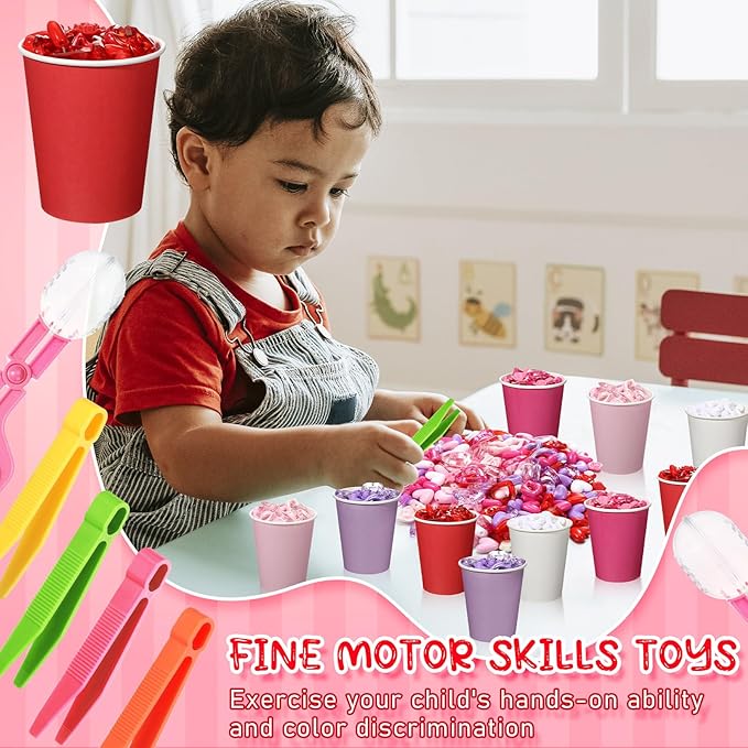 230 Pcs Valentine Fine Motor Skills Sensory Bin Filler Includes 5 Style 214 Acrylic Gems 4 Tweezers 2 Scissors Clips 10 Cups for Early Education Sorting Counting Training Development