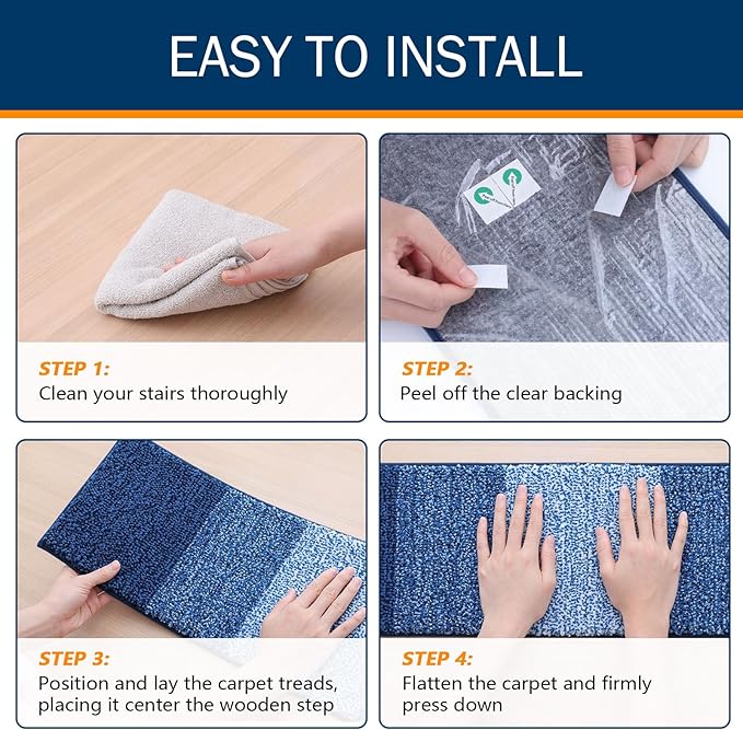 OLANLY Stair Treads Non Slip 4PCS, 8" x 30" Indoor Stair Runners for Wooden Steps, Edging Stair Rugs with Reusable Peel and Stick Adhesive for Kids Elders and Pets, Navy