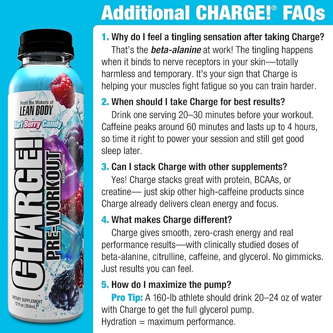 LABRADA Charge Pre Workout Tart Berry Candy RTD Drink – Pump, Energy, Endurance Formula with 10g Glycerol, 6g L-Citrulline Malate, 4g Beta Alanine, 300mg Caffeine, + Complete Hydration Support, 12 Serving