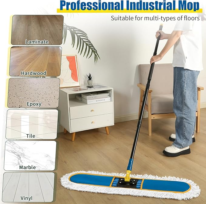 36" Commercial Dust Mop for Floor Cleaning with 2 Cotton Mop Pads, Heavy Duty Industrial Large Floor Duster,Wet Dry Mops for Hardwood Floors,Concrete,Marble, Laminate,Tile,Garage,Blue