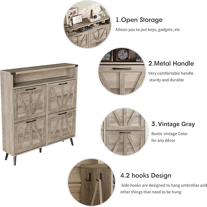 Shoe Cabinet with 4 Flip Drawers,Farmhouse Shoe Storage Cabinet for Entryway,Narrow Freestanding Organizer Rack with Open Shelves for Foyer,Hallway,Grey