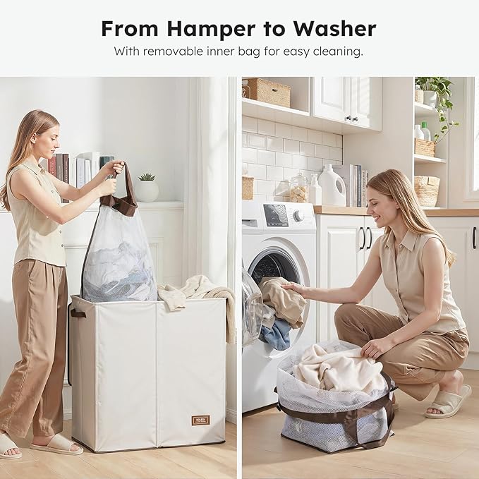 SOLEDI Large Double Laundry Hamper with Lid, Collapsible Clothes Hamper 2 section with Removable Bags, Space-Saving Laundry Basket for Bedroom, Dorm, College