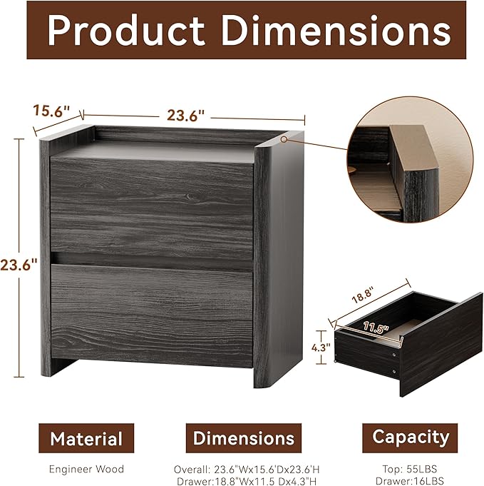 Nightstand with 2 Storage Drawer, Modern End Table for Bedroom with Cut-Out Handle, Large Night Stands for Bedroom, Home Office, Set of 2, Dark Grey