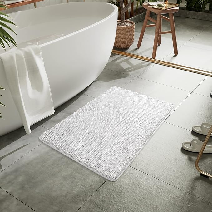 LOCHAS Luxury Bathroom Rug Shaggy Bath Mat 24 x 17 Inch, Washable Non Slip Bath Rugs for Bathroom Shower, Soft Plush Chenille Absorbent Carpets Mats, White