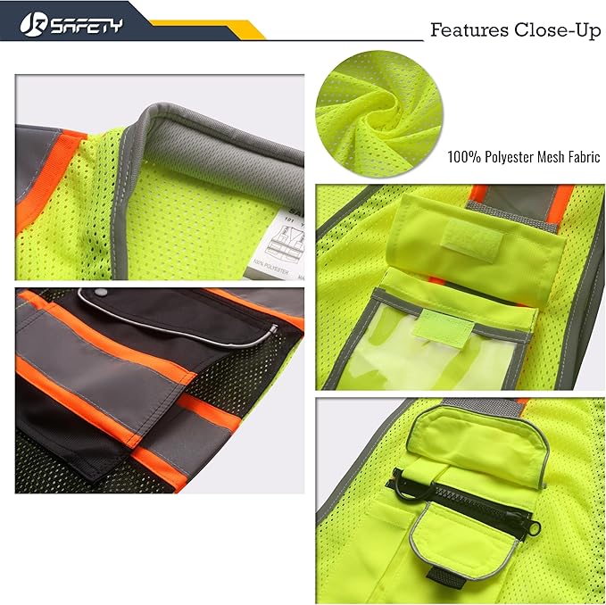JKSafety 9 Pockets Class 2 Hi-Vis Safety Vest High Visibility Reflecitive Mesh Safety Vests for Men and Women Cushioned Collar Work Utility PPE Work Gear ANSI/ISEA compliant (101-YBlack M)