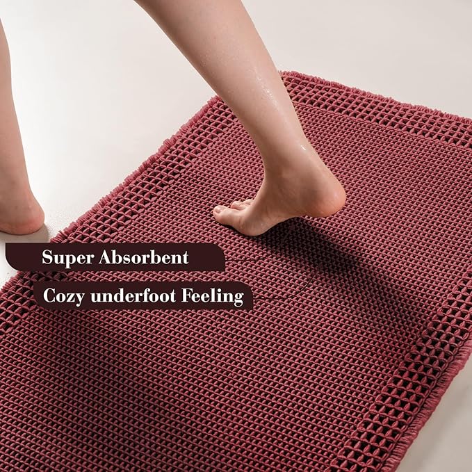 RESARE Waffle Bathroom Runner Rugs, Super Absorbent Bath Mat Non Slip Washable Quick Dry, Upgraded Ultra Soft Boho Bath Rugs with Tassels for Hallway Bedroom Laundry Room, 2'x6'(24"x72"), Dark Red