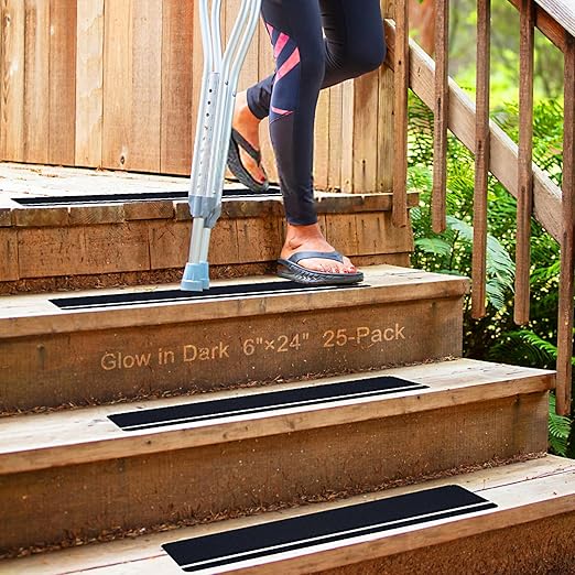 S&X Outdoor Stair Treads Non-Slip 25-Pack 6" x 24" with Glow-in-The-Dark Stripe Heavy Duty Anti Slip Tape for All Slippery Surfaces - Weather Resistant Grip Tape for Stairs, Steps