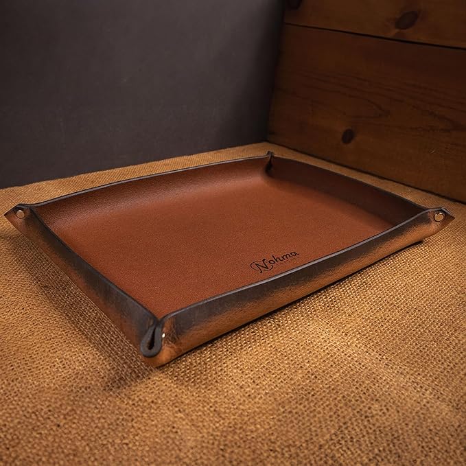 Valet Tray – Full-Grain Leather Catchall Organizer for Keys, Phone & Wallet – Rustic Nightstand & Desk Tray with Raised Sides – Handmade in USA (Vintage Brown, Large Rectangle)