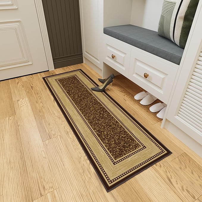 Ottomanson Hallway Runner Rug 20" x 59" Non Slip Border Area Rugs Easy to Clean Laundry Rug Runner Durable & Pet Friendly Floor Carpet Runners for Hallways Entryway Living Room Kitchen, Brown