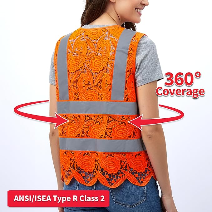 Lace-Mesh Safety Vest for Women & Men - Breathable, High Visibility Vest with Zipper & ANSI Class 2 Reflective Strips