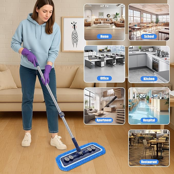 Microfiber Mops for Floor Cleaning - 3 Thickened Washable Pads - Floor Dusters for Hardwood with 55” Adjustable Handle - Wet Dry Dust Mop for Pet Hairs Walls Tile Wood Laminate Home Kitchen