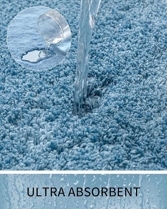 Bathroom Rugs, Ultra Thick Shaggy Soft Microfiber Absorbent Bath Rug, High Density Foam Latex Non Slip Backing, Machine Washable Bath Mats for Bathroom Floor & Sink 24x17, Blue