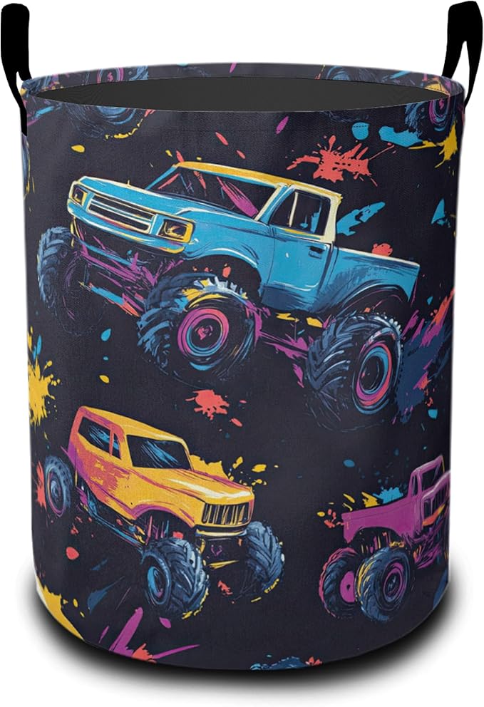 Colorful Trucks Laundry Hamper Large Canvas Fabric Lightweight Storage Basket/Dirty Clothes Collapsible Waterproof for College Dorms, Boys and Girls Bedroom,Bathroom