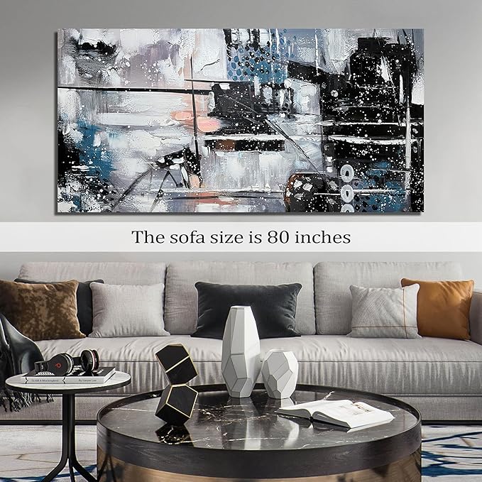 THRLVEART Abstract Painting Wall Art For Living Room Black And White Wall Decor For Office Huge Canvas Wall Art For Bedroom Size 36 x 72 Inch