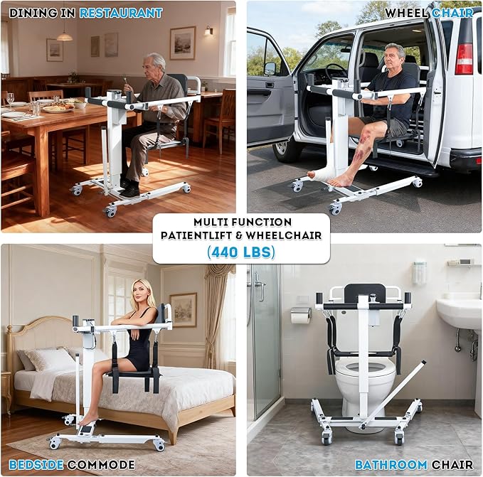 Drexo Patient Lift Transfer Chair, 5 in 1 Patient Lift Chair with 180°Split Seat, Height Adjustable Patient Transfer Chair with 4 Casters for Home Seniors Elderly, Load 450Lbs (Electric, Silver)