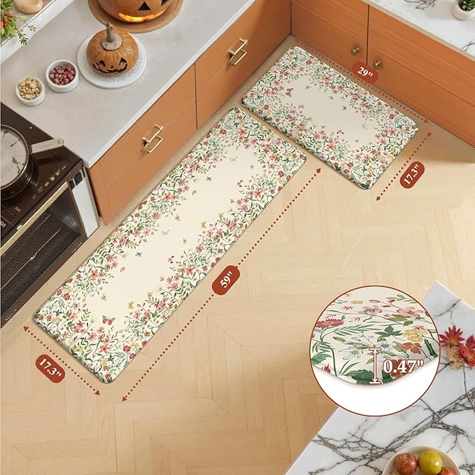 KIMODE Anti Fatigue Mats for Kitchen Floor, Farmhouse Kitchen Rugs Sets of 2, Non Slip Kitchen Mats for Floor, Cushioned Standing Mat for Sink Laundry Office Desk Beige 17"x59"+17"x29"