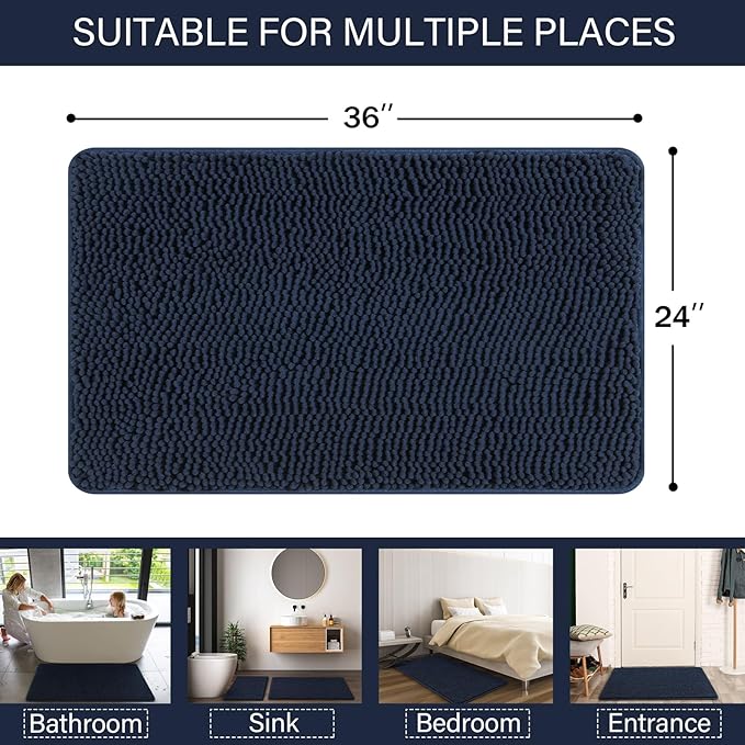 LOCHAS Luxury Bathroom Rug Shaggy Bath Mat 24 x 36 Inch, Washable Non Slip Bath Rugs for Bathroom Shower, Soft Plush Chenille Absorbent Carpets Mats, Navy