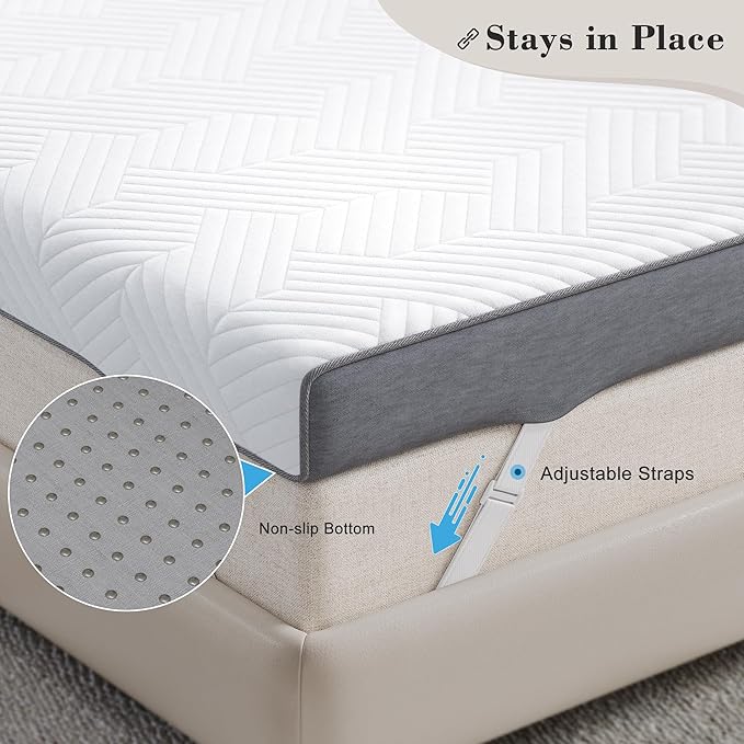 EnHomee Memory Foam Mattress Topper,3 Inch Queen Mattress Topper Pressure Relief with Cooling Gel and Removable & Washable Embossed Cover, CertiPUR-US & Oeko-TEX Certified, White, Queen