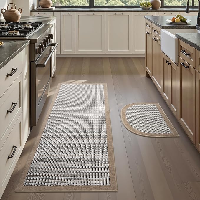 PADOOR Non Slip Kitchen Rugs Sets of 2 - Extra Large 2.5'x6' + 20"x32" (Rectangular + Semicircular) Runner Rugs Non Skid Washable, Absorbent Kitchen Floor Mat for in Front of Sink 2 Piece Brown