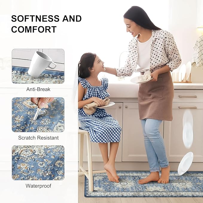 Collive Boho Kitchen Mat, Cushioned Anti Fatigue Kitchen Rug Set 2 Piece Non-Skid Waterproof Kitchen Mats for Floor, Comfort Heavy Duty Standing Mat for Kitchen, Laundry, Office, Desk(Blue)