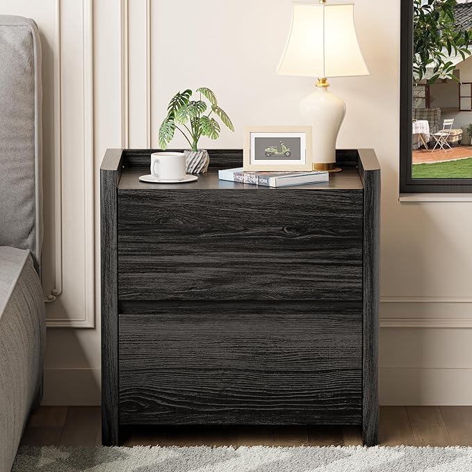 Nightstand with 2 Storage Drawer, Modern End Table for Bedroom with Cut-Out Handle, Large Night Stands for Bedroom, Home Office, Set of 1, Dark Grey