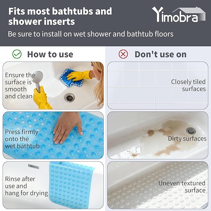 Yimobra Non Slip Bathtub Mat 40 x 16 Inch, Extra Long Shower Mat with Drain Holes, Machine Washable Baby Bath Mats, Strong Suction Cups for Bathroom Floor, Clear Blue