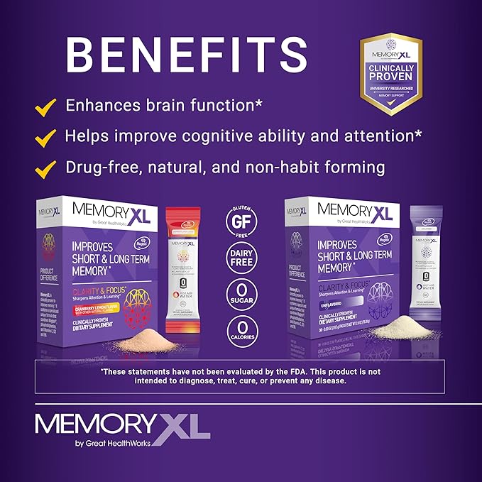 MemoryXL, Magnesium L-Threonate: Brain Supplement for Memory & Focus; Magtein®, Phosphatidylserine, Vitamin Mix. Improves Memory Focus Attention Learning & Logic. 0 Sugar, 0 Cal, 30pk Cranberry Lemon