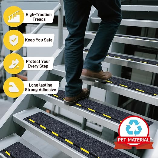 LifeGrip Anti Slip Stair Treads with Reflective Stripe (10-Pack), 8" X 32", Ourdoor Grip Tape Non Slip, Waterproof Safety Non Skid Tape, High Traction Friction Abrasive Adhesive for Step, Black/Yellow