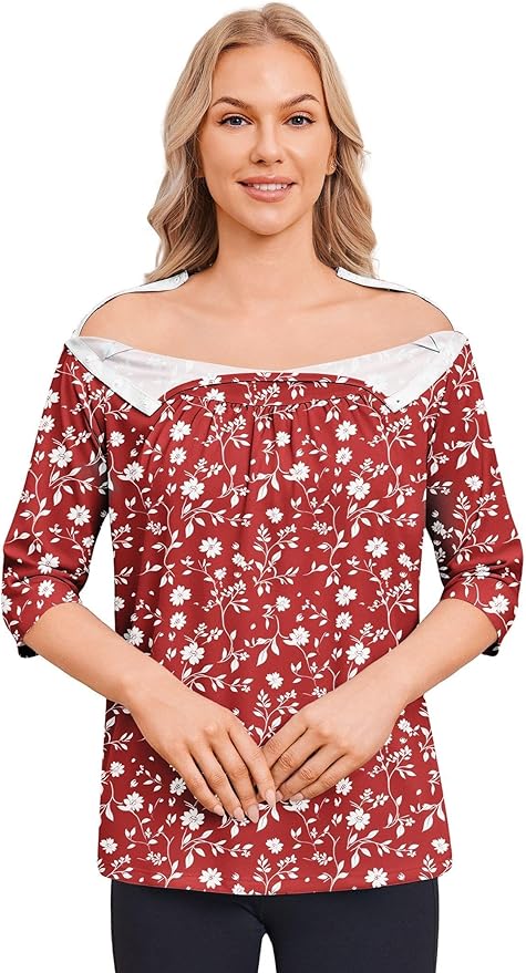 Deyeek Post Shoulder Surgery Shirt for Women Chemo Tear Away Shirt Snap Button 3/4 Sleeve Recovery Adaptive Clothing