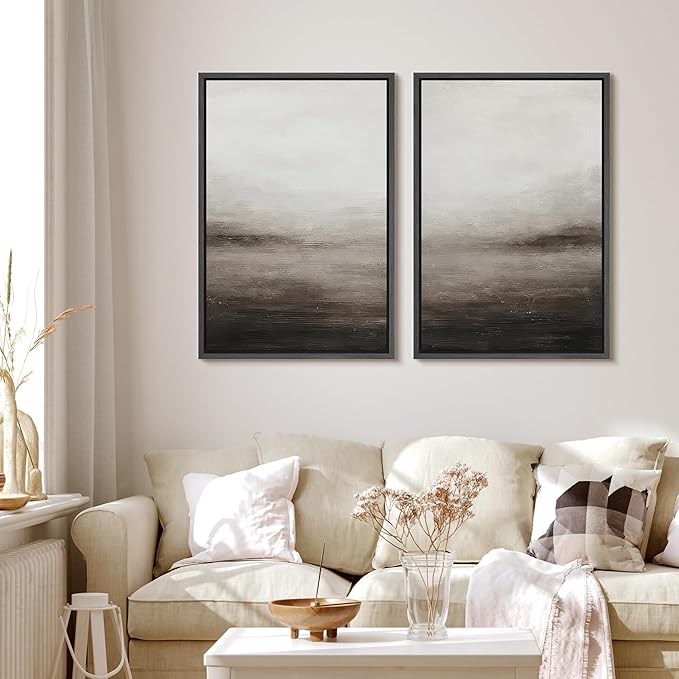 MUDECOR Framed Canvas Print Wall Art Neutral Abstract Modern Minimalist Landscape in Beige and Gray Illustrations Modern Art Decorative Bohemian for Living Room, Bedroom, Office - 24"x36"x2 Black