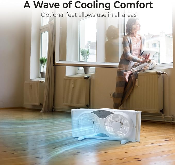 Comfort Zone Twin Window Fan with Remote Control, Removable Cover, Reversible, 9 inch, 3 Speed, 3 Function, Expandable, Exhaust, Airflow 8.40 ft/sec, Ideal for Home, Kitchen, Bedroom & Office, CZ310R