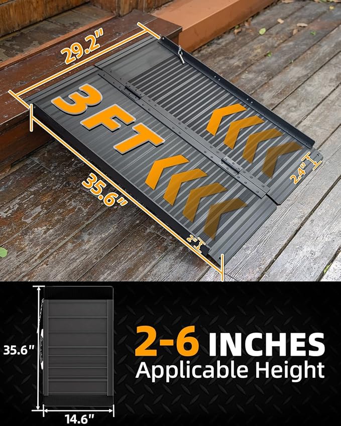 VNN Portable Wheelchair Ramp 3FT, Black Seamless Non-Slip Aluminum Ramps for Wheelchairs for Home, Handicap Wheelchair Ramps for Home Steps, Aluminum Loading Dock Plates