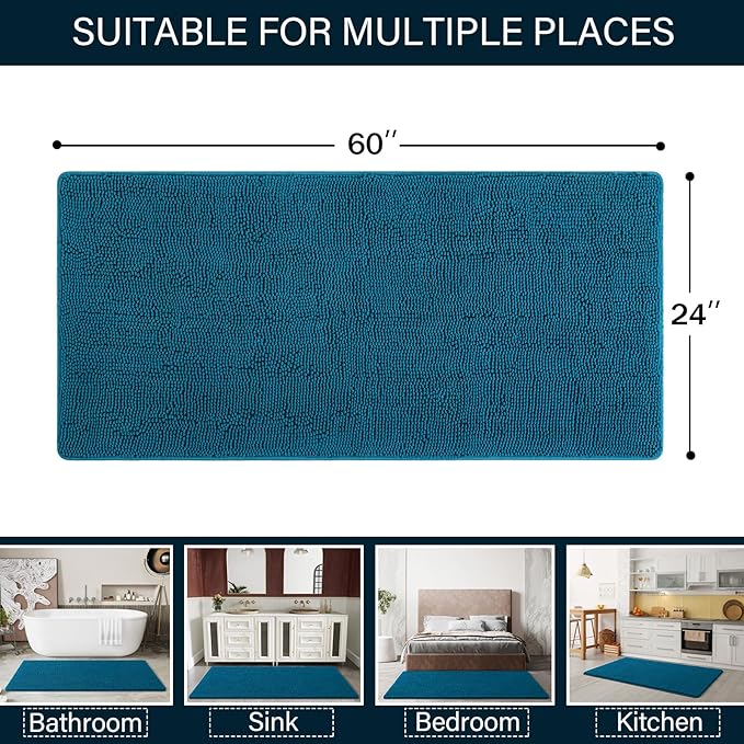 LOCHAS Luxury Bathroom Rug Shaggy Bath Mat 24 x 60 Inch, Washable Non Slip Bath Rugs for Bathroom Shower, Soft Plush Chenille Absorbent Carpets Mats, Peacock Blue
