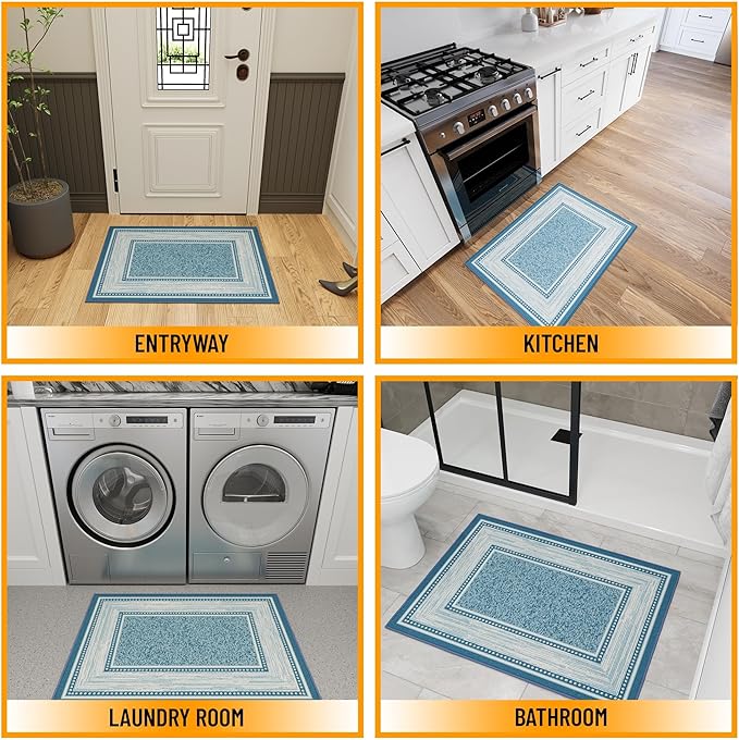 Ottomanson Rugs for Entryway 2'3" x 3' Non Slip Border Small Area Rugs Durable Front Door Mat Rug Stain Resistant Entrance Rugs for Bathroom Kitchen Bedroom & Living Room, Turquoise