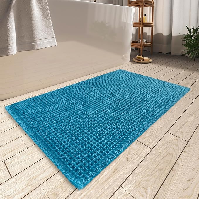 AMOAMI Upgraded Waffle Bath Mat, Super Absorbent Non Slip Bath Mats for Bathroom Floor, Machine Washable Bathroom Rugs with Tassels, Rubber Backed Bathroom Mats, Ultra Soft, 20" x 32", Teal