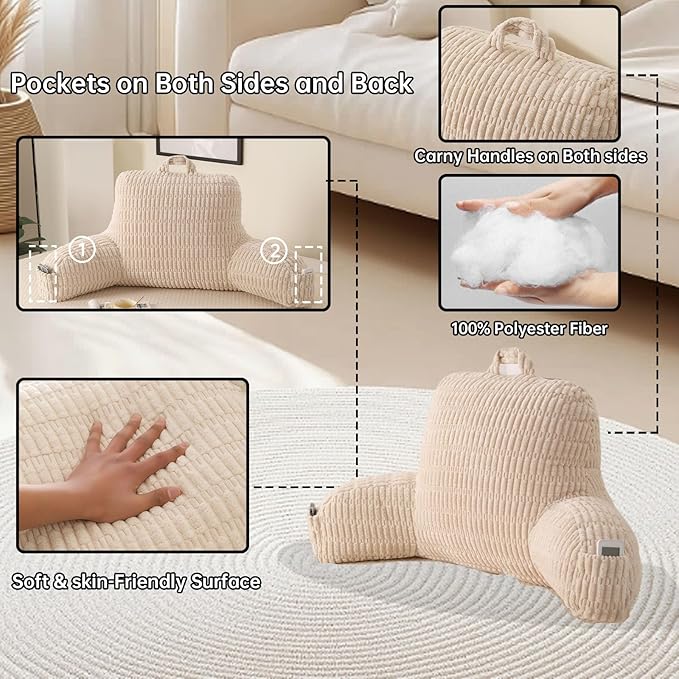 Reading Pillow for Sitting in Bed, Large Backrest Reading Pillow with Arm Rest,Back-Rest Support Cushion for Sit Up on Couch, Sofa, and Floor, Dorm Essentials (Cream Corduroy, Standard(17"))