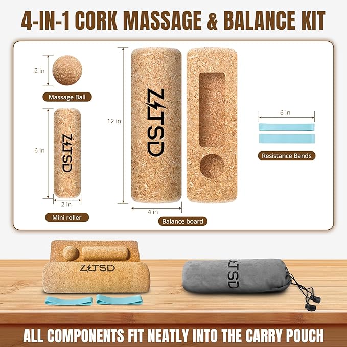 Cork Balance Board 4-in-1 Foot & Ankle Strengthener Kit, Premium Natural Cork Balance Trainer + Massage Roller & Ball, Toe Resistance Bands, Carry Bag & Exercise Guide for Mobility & Physical Therapy